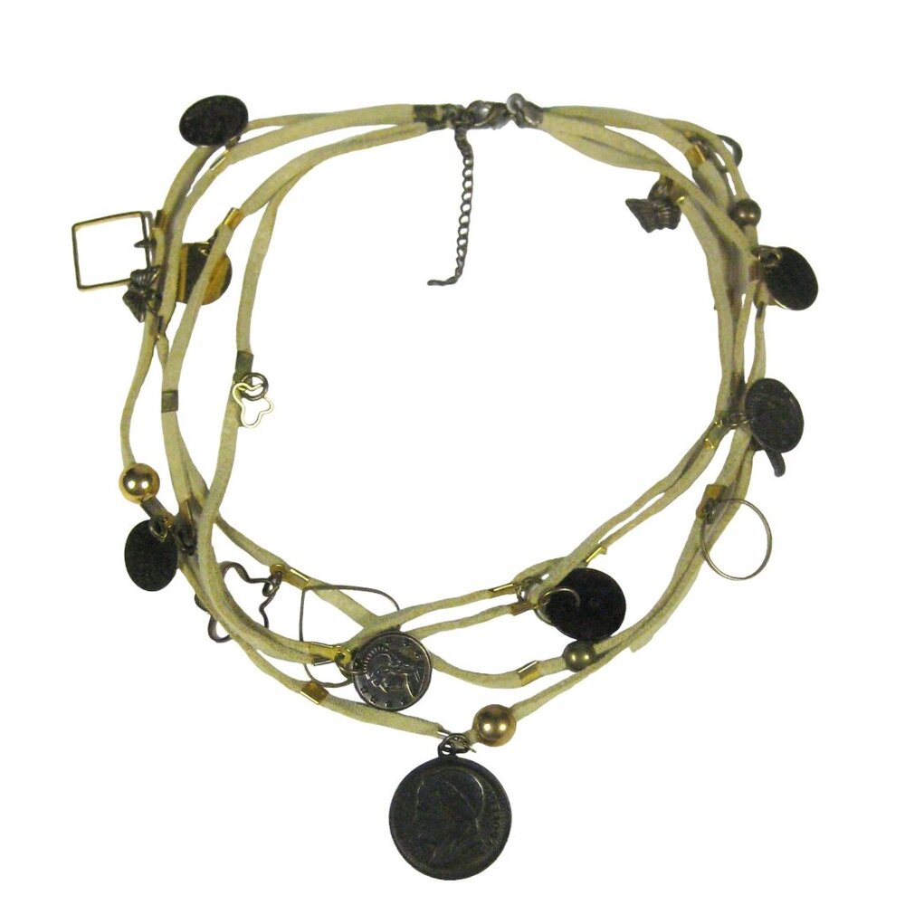 Charm Necklace 15 Inch Leather Multi Strand Choker FAUX Coin Hearts FLAW